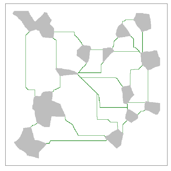 \label{fig:mpgplot}A quick visualization of the minimum planar graph (MPG). Grey areas are patches (nodes) in the graph, and green lines are links showing the shortest paths between the perimeters of the patches on the resistance surface. In depth discussion of how the MPG is generated can be found elsewhere [@Fall:2007eo].