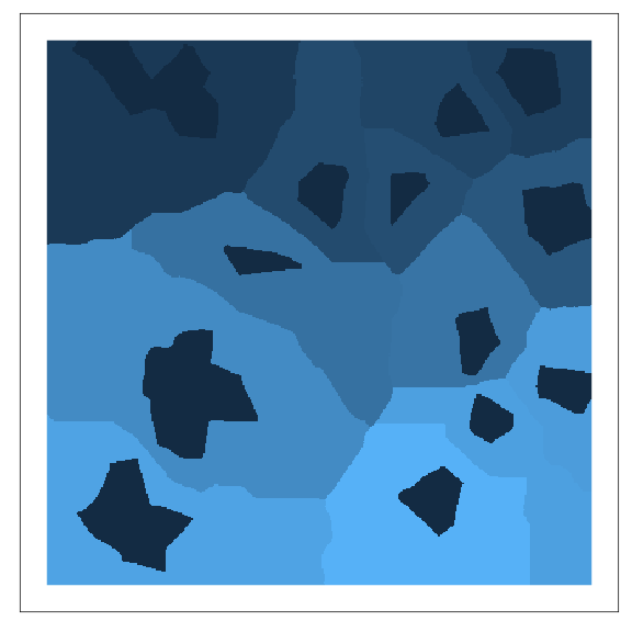 \label{fig:voronoitessellation}A Voronoi tessellation. This is the complement of the MPG. The patches (darkest blue) are used as generators, and regions of proximity (polygons of different colours) are found in cost or resistance units. The method was first described by @Fall:2007eo.