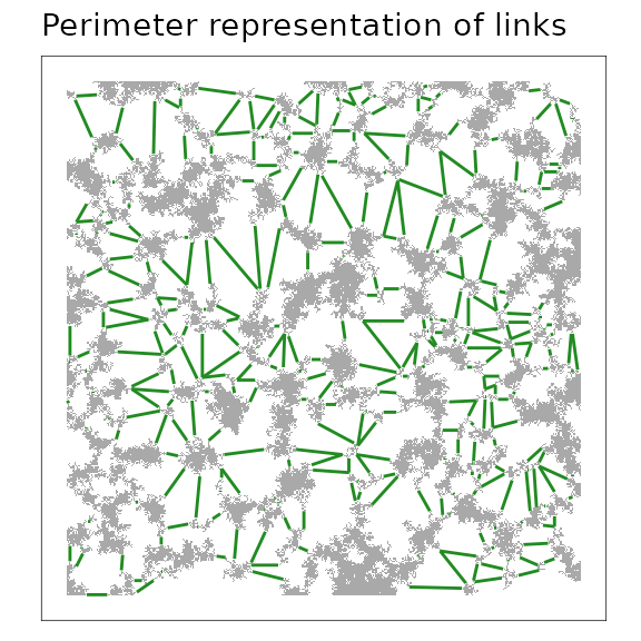 A minimum planar graph (MPG) with links represented from the perimeter of the patches (*i.e.*, at the start and end points of spatially-explicit links). This rendering can simplify visualization.
