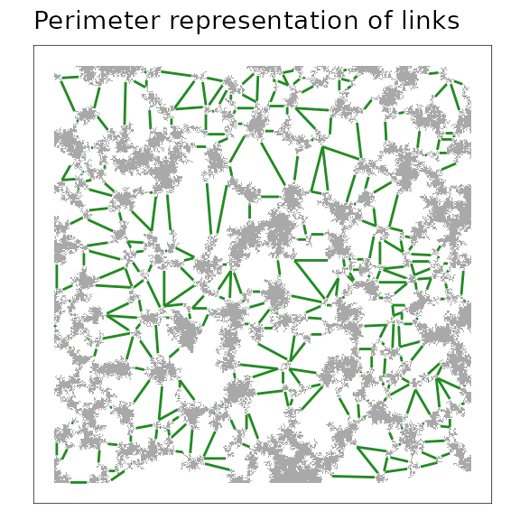 A minimum planar graph (MPG) with links represented from the perimeter of the patches (*i.e.*, at the start and end points of spatially-explicit links). This rendering can simplify visualization.